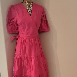 DKNY Women’s Pink Wrap Dress with Eyelet Sleeve Detail